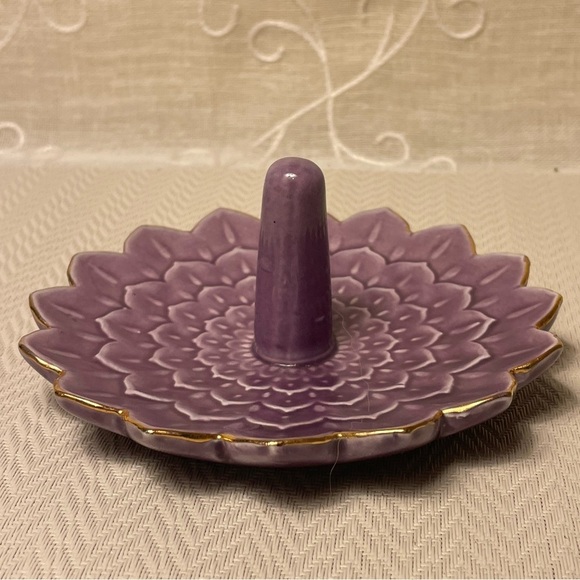 Lavender Purple Lotus Flower with Gold Trim  Ceramic Ring & Jewelry Trinket Dish - Picture 5 of 5